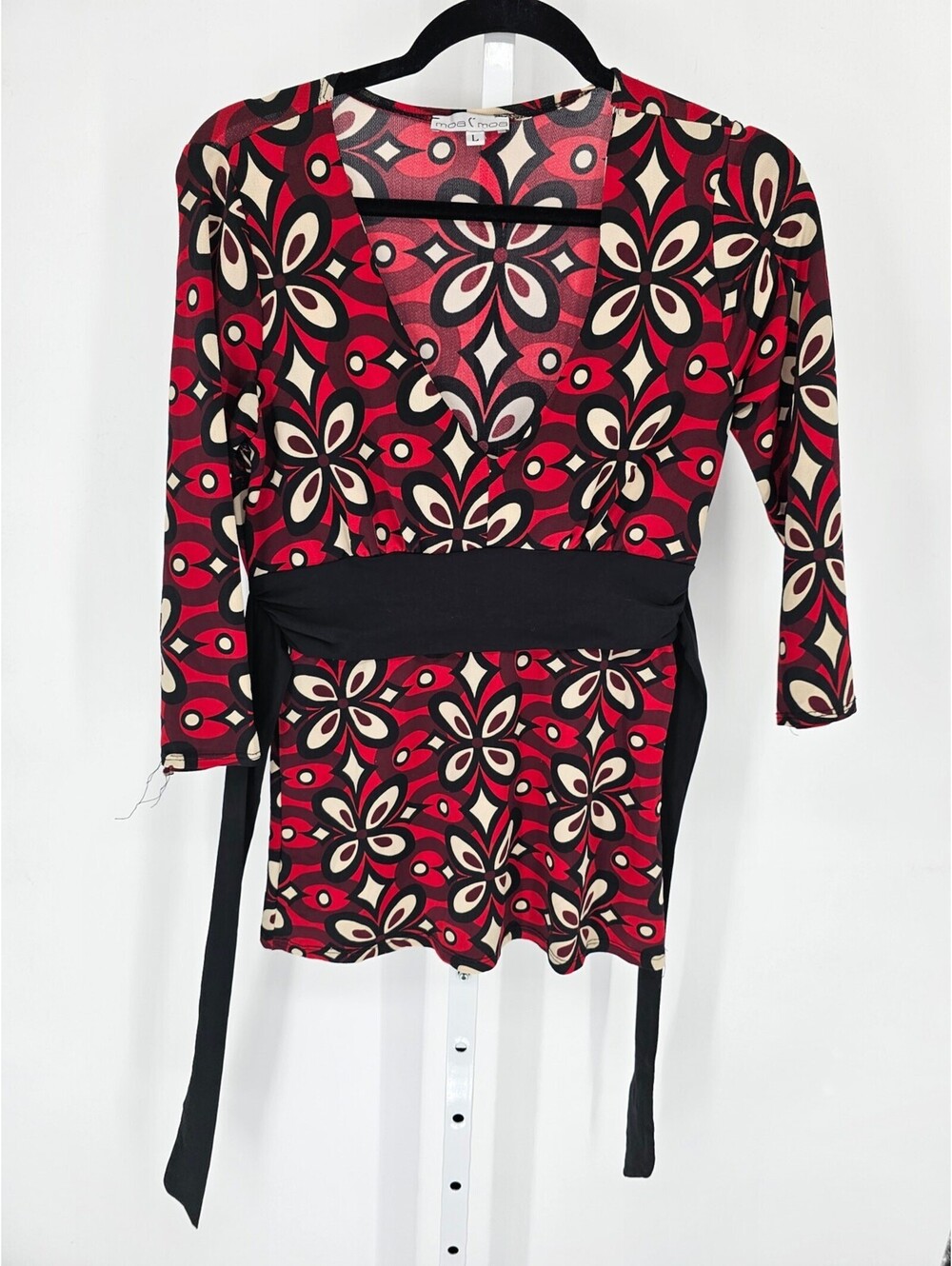 Vintage Y2K Moa Moa Womens Sz L 3/4 Sleeve Blouse Red Black Tie Waist